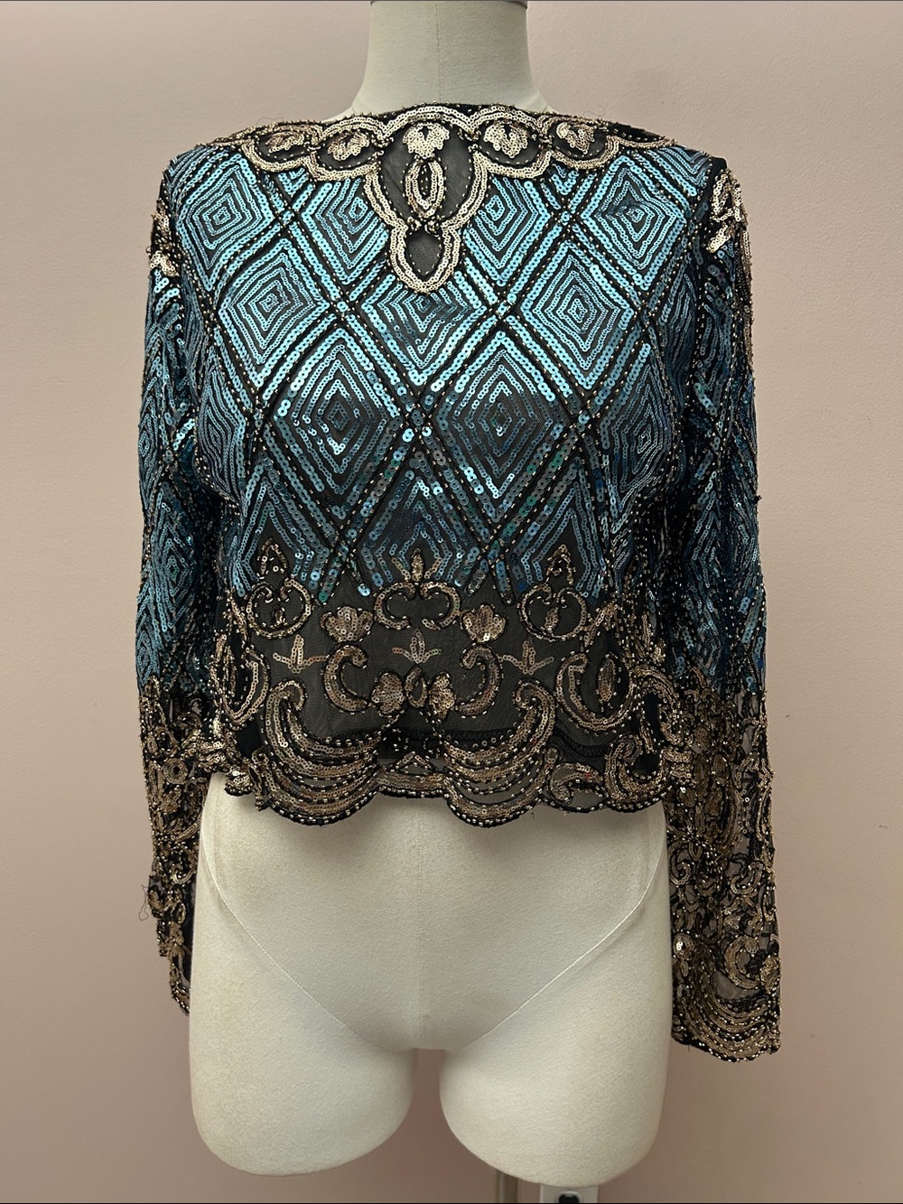 Embellished Blue Sequin Lace Cropped Top size L